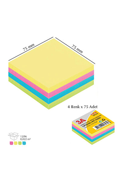 3A Yapışkanlı Not Kağıdı Pastel Renk 75x75 mm (4 Renk x 75 Adet)