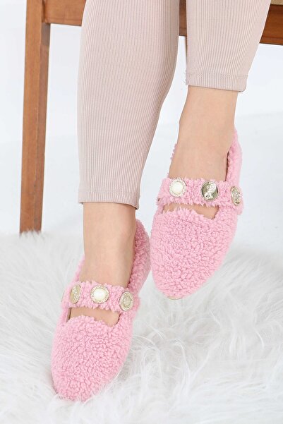 TOFİSA Women's Pink Pearl and Tuğra Detailed Plush Ballerinas - 27911-Pink