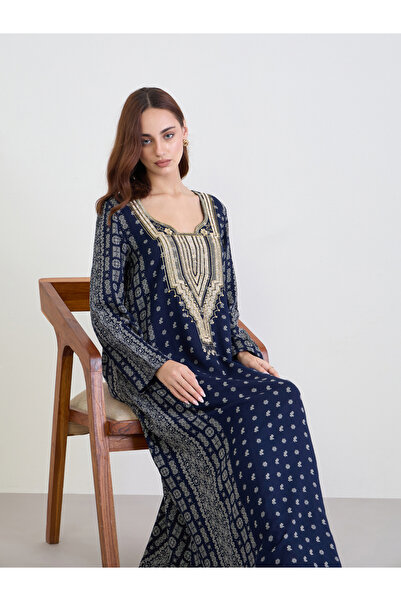 Styli Navy Blue Printed Panel Embroidered Jalabiya