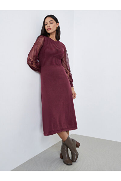 Styli Maroon Lace Sleeve Knitted Sweater Midi Dress