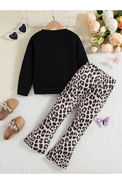 Take Two By Styli Girl's Graphic Print Long Sleeve Sweatshirt With Leopard Print Pants Set