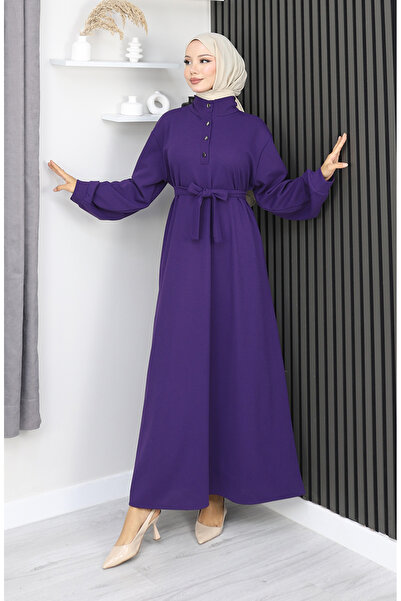 sefamerve Scuba fabric half buttoned belted dress 2167-02 purple