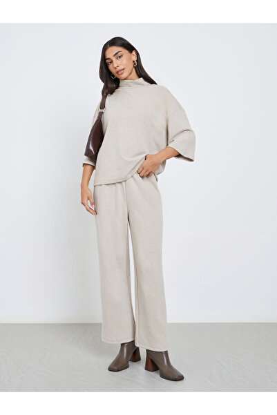 Styli Beige Oversized Winter Knit Top and Pants Co-Ords