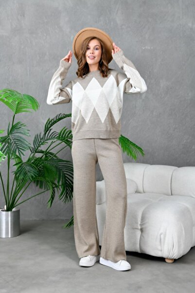 Noi Belis Oversized Plaid Patterned Crew Neck Knitwear Bottom-Top Set Aw25Au0030