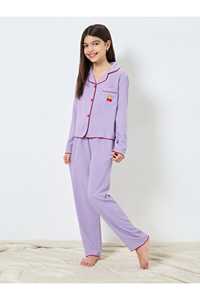 Take Two By Styli Purple Cherry Embroidered Shirt and Pyjama Set
