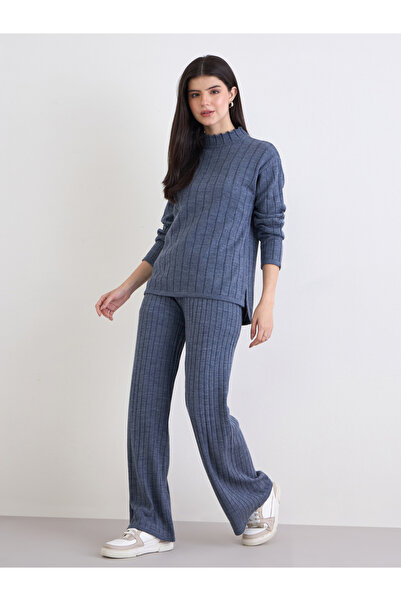 Styli Blue Ribbed Knit Longline Sweater and Pants Co-Ords
