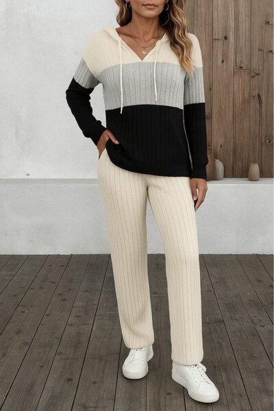 ALPACO Γυναικείο μακρυμάνικο μπλουζάκι με κουκούλα με κορδόνια μπλούζα και παντελόνι διπλό σετ