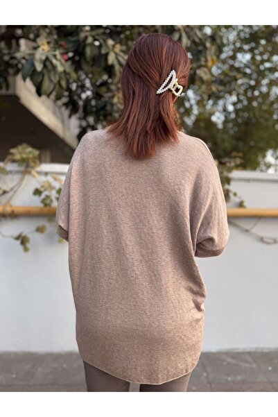 DenizEge Italian Knitwear V-Neck Leopard Pattern Inside Milky Brown