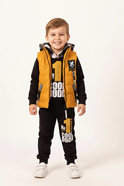 Hippıl Baby Men's Vest Set 3-Piece Set - Cotton Lined Vest, Lumberjack Detailed Fleece-Lined Sweatshirt and Sweatpants