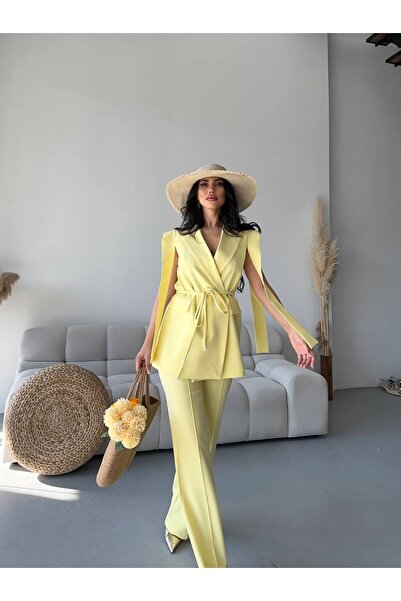 Bella Breeze Kadın Oversize Bağlamalı Tasarım Yelek Pantolon Takım Elbise