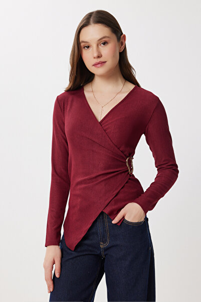 Lovelyİstanbul Double-Breasted Yaka Gold Accessory Knitted Blouse Lfw0015 Bordo