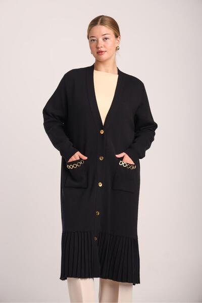 Uludağ Triko Women's Black Pleated Pocketed Knitwear Long Cardigan