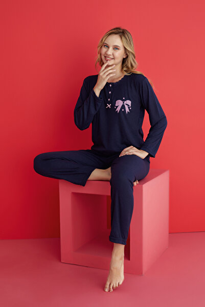 rindahomewear Women's Ribbed Long Sleeve Pajama Set with Bow Detail