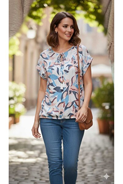 MODA Modal viskon kumaş yumuşacık dokulu tropikal desenli rahat ve şık bluz