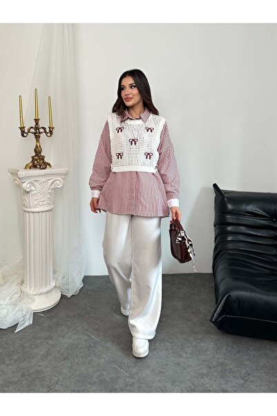 Hatun Atila Striped Shirt and Bow Embroidered Sweater Two-Piece Set 0241 - Red