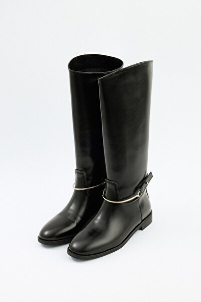 LUTVELIZADE Cizme 2521 - Cizme negre de damă cu accesorii argintii pentru gleznă