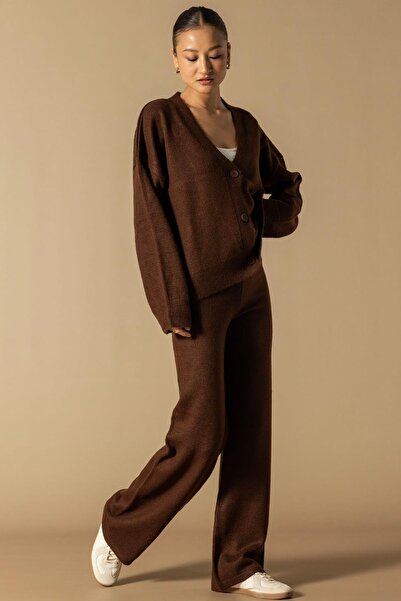 Olcay V-Neck Cardigan Pants Knitwear Set Brown 9368-Tk