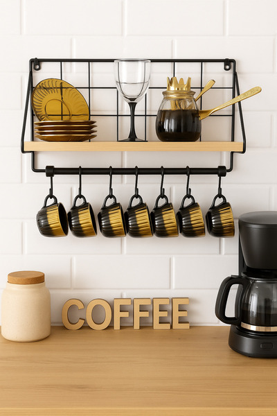 PooleMark Metal Duvar Rafı – Modern Dekoratif Askı ve Kancalı Duvar Rafı (Mutfak & Banyo Kullanımı)