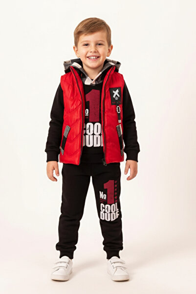 Hippıl Baby Men's Vest Set 3-Piece Set - Cotton Lined Vest, Lumberjack Detailed Fleece-Lined Sweatshirt and Sweatpants