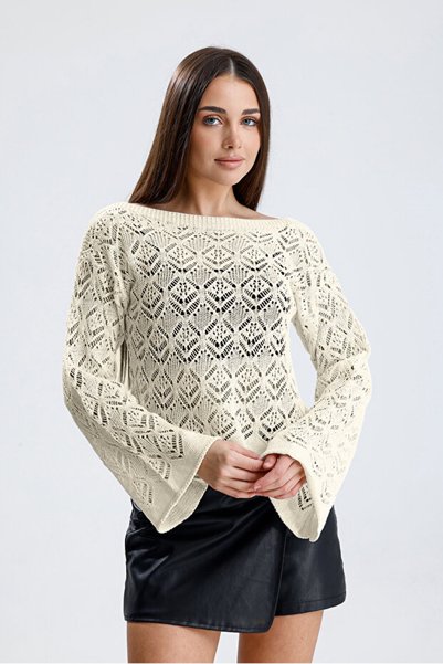 VARENZEA Women's Lace-Like Knit Transitional Flywheel/Spanish Sleeve Patterned Cotton Knitwear Sweater