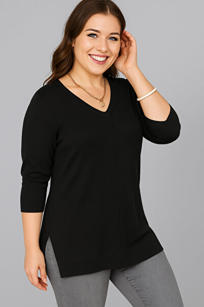 Curvy Trend Plus Size V-Neck Long Sleeve Side Slit Blouse