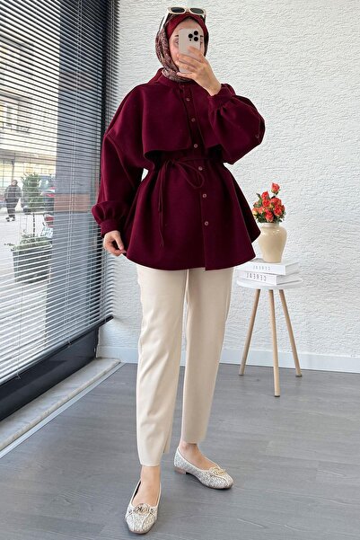 MELEK ARAZ Cape Detailed Front Buttoned Cashmere Shirt – Burgundy