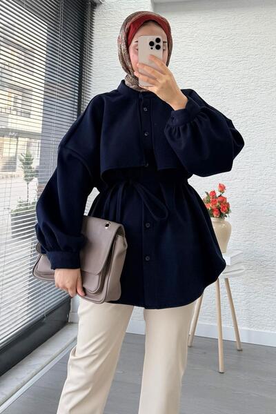 MELEK ARAZ Cape Detailed Front Buttoned Cashmere Shirt – Navy Blue
