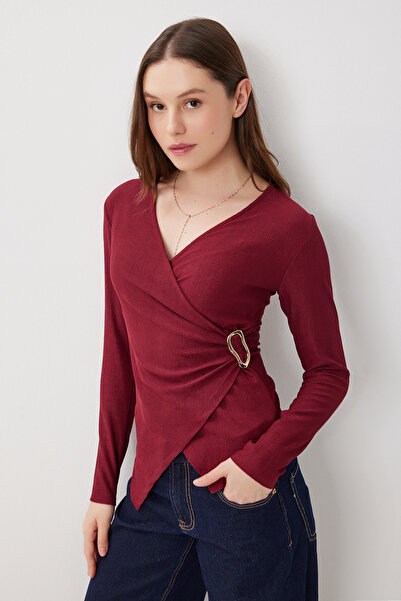 Lovelyİstanbul Double-Breasted Yaka Gold Accessory Knitted Blouse Lfw0015 Bordo