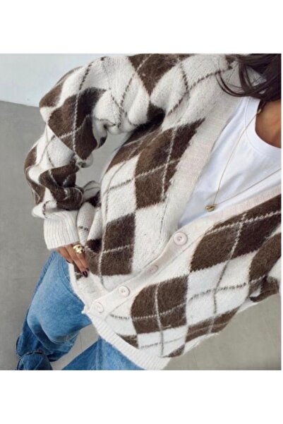 LUMİ Cardigan tricotat pentru femei, maro ecru, cu model baklava, cu nasturi ...