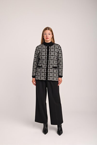 Uludağ Triko Women's Black Plaid Patterned Pocketed Buttoned Knitwear Cardigan