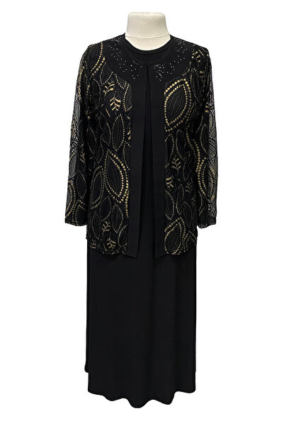 Giyinen Mağazaları Μαύρο Σετ Μπουφάν Μεγάλου Μεγέθους με Δαντέλα Μητρικό Βραδινό Φόρεμα