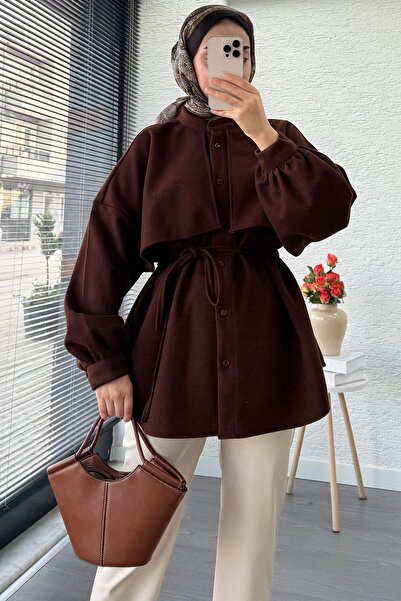 MELEK ARAZ Cape Detailed Front Buttoned Cashmere Shirt – Brown