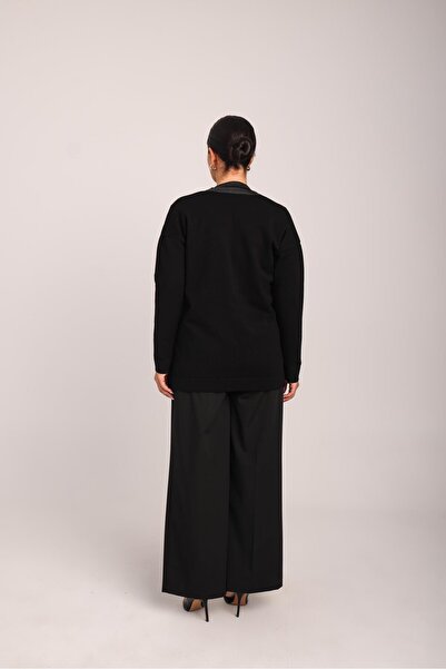 Uludağ Triko Women's Black Glitter Collar Buttoned Comfortable Cut Pocketed Knitwear Cardigan