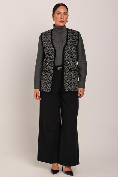 Uludağ Triko Women's Black Diamond Patterned Knitted Mother's Vest with Pockets