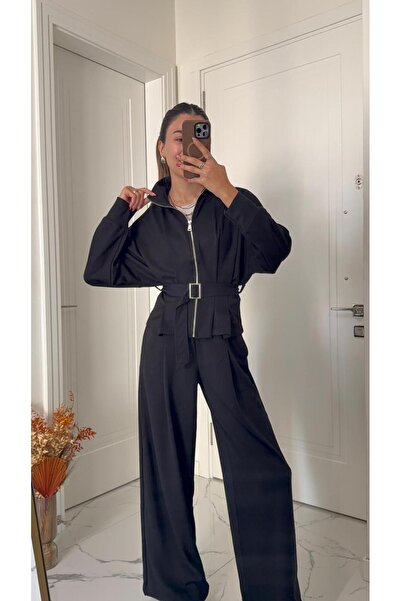 Solie طقم سترة وبنطلون واسع الساق من قماش المودال الفاخر باللون الأسود مع تفا...