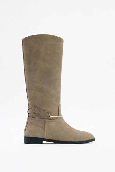 LUTVELIZADE Çizme 2521 - Gümüş Bilek Aksesuarlı Vizon Süet Kadın Çizme