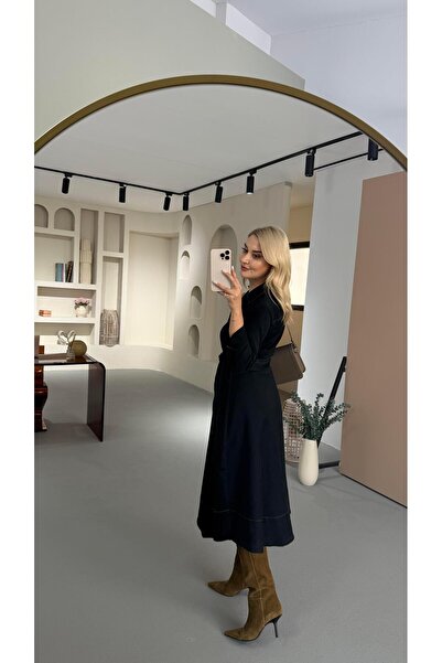 Sezgi Tekin Boydan Düğmeli Asimetrik Kesim Siyah Likralı Denim Elbise