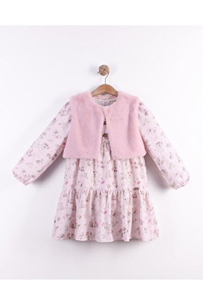 Serkon Kids Crisp Patterned Plush Vest Set Velvet Dress