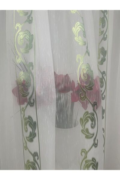 Liz Line Curtain with rejansa, mechanically embroidered, white/green color, from the "DragonTail" collection by PD072