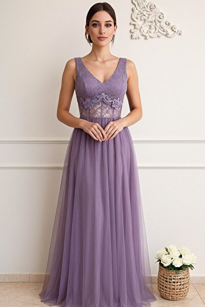 KADİR KORKMAZ GİYİM Tül Üstü Dantel Astarlı Yırtmaçsız Abiye Elbise