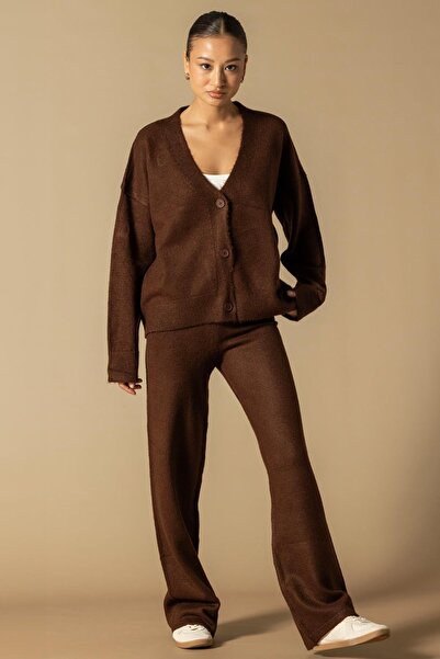 Olcay V-Neck Cardigan Pants Knitwear Set Brown 9368-Tk