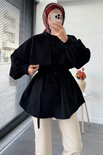 MELEK ARAZ Cape Detailed Front Buttoned Cashmere Shirt – Black