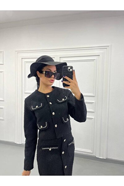 Siseniorita 2 Piece Crop Jacket and Tweed Midi Skirt Set - Pearl and Button Details