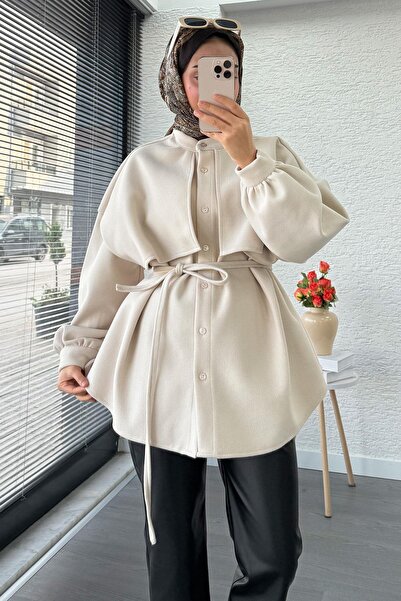 MELEK ARAZ Cape Detailed Front Buttoned Cashmere Shirt – Stone
