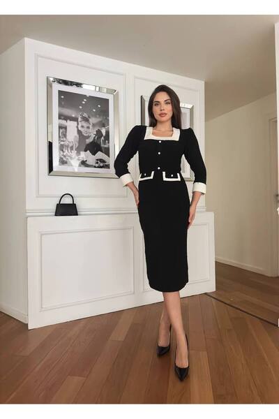 Siseniorita Wool Midi Pencil Dress with Square Collar and Contrasting Details