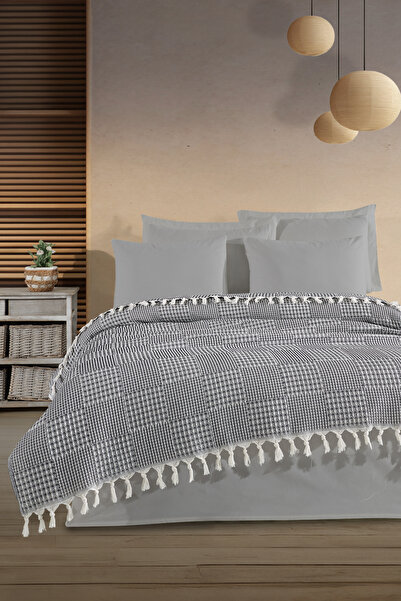Enlora Home Çok Amaçlı Pike Seti Çift Kişilik Kare Antrasit (3 Parça)