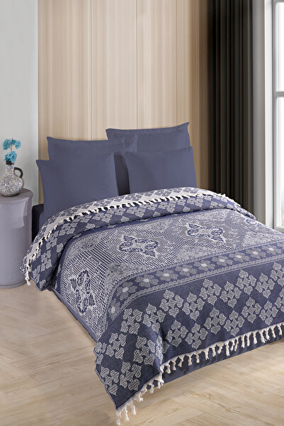 Enlora Home Çok Amaçlı Pike Seti Çift Kişilik Osmanlı Lacivert (3 Parça)