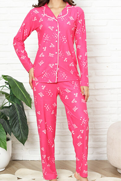 Enisena Women's 100% Cotton Pajama Set - Lapel Collar - Printed and Button Closure 12354