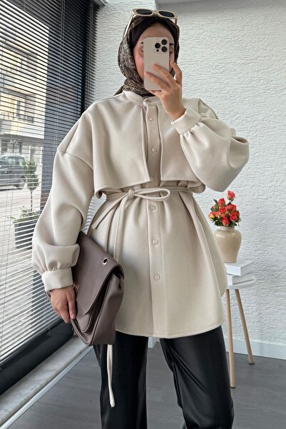 MELEK ARAZ Cape Detailed Front Buttoned Cashmere Shirt – Stone