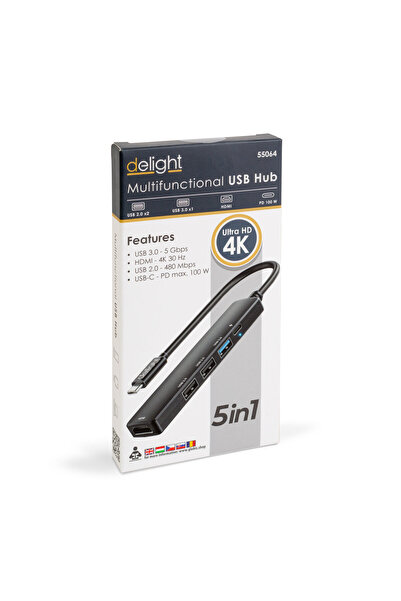 CED AUTO TRADE Hub USB multifunctional - HDMI + Type-C 3.0 - 3xUSB-A, 1xType-C - 5 Gbps, 100 W - negru